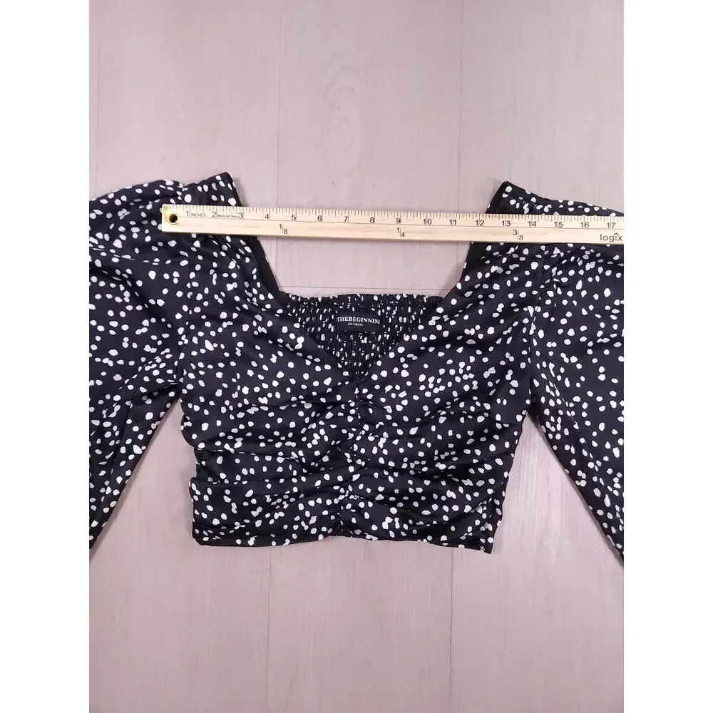 INTHEBEGINNING Los Angeles Puff Sleeve Polka Dot Crop Top – Black/White, Size S - Picture 6 of 12